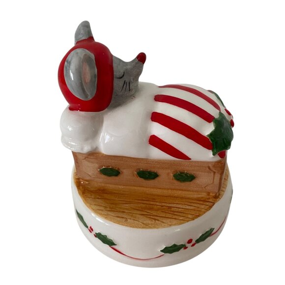 Otagiri Ceramic Sleeping Mouse Christmas Music Box candy Stripes Japan CHIP - Picture 3 of 11